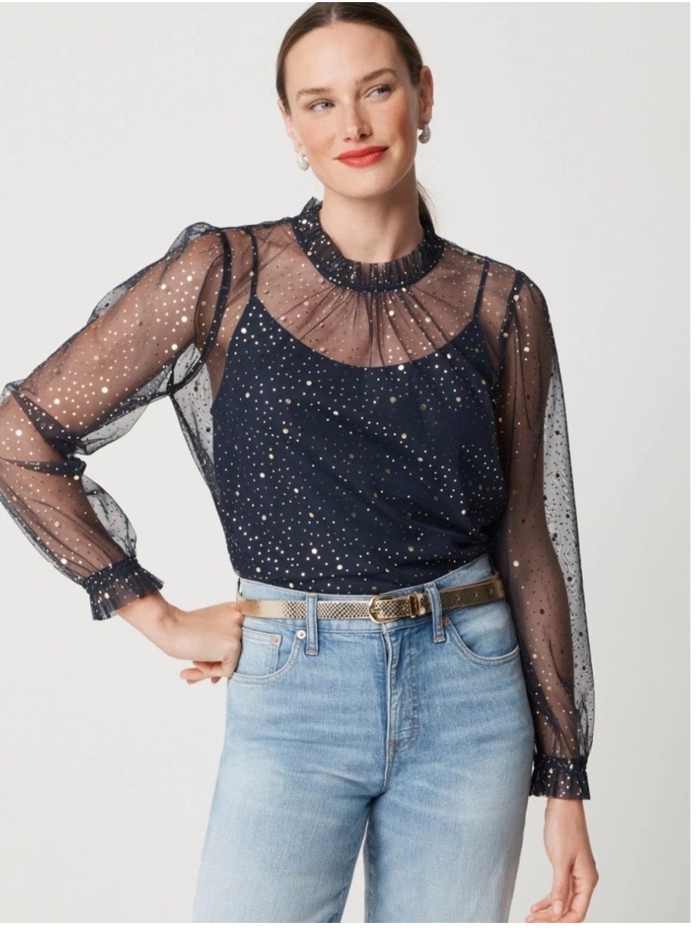 NWT J. Crew Sparkle Tulle Ruffle Neck Blouse Keyhole Navy Size S Msrp 118.00